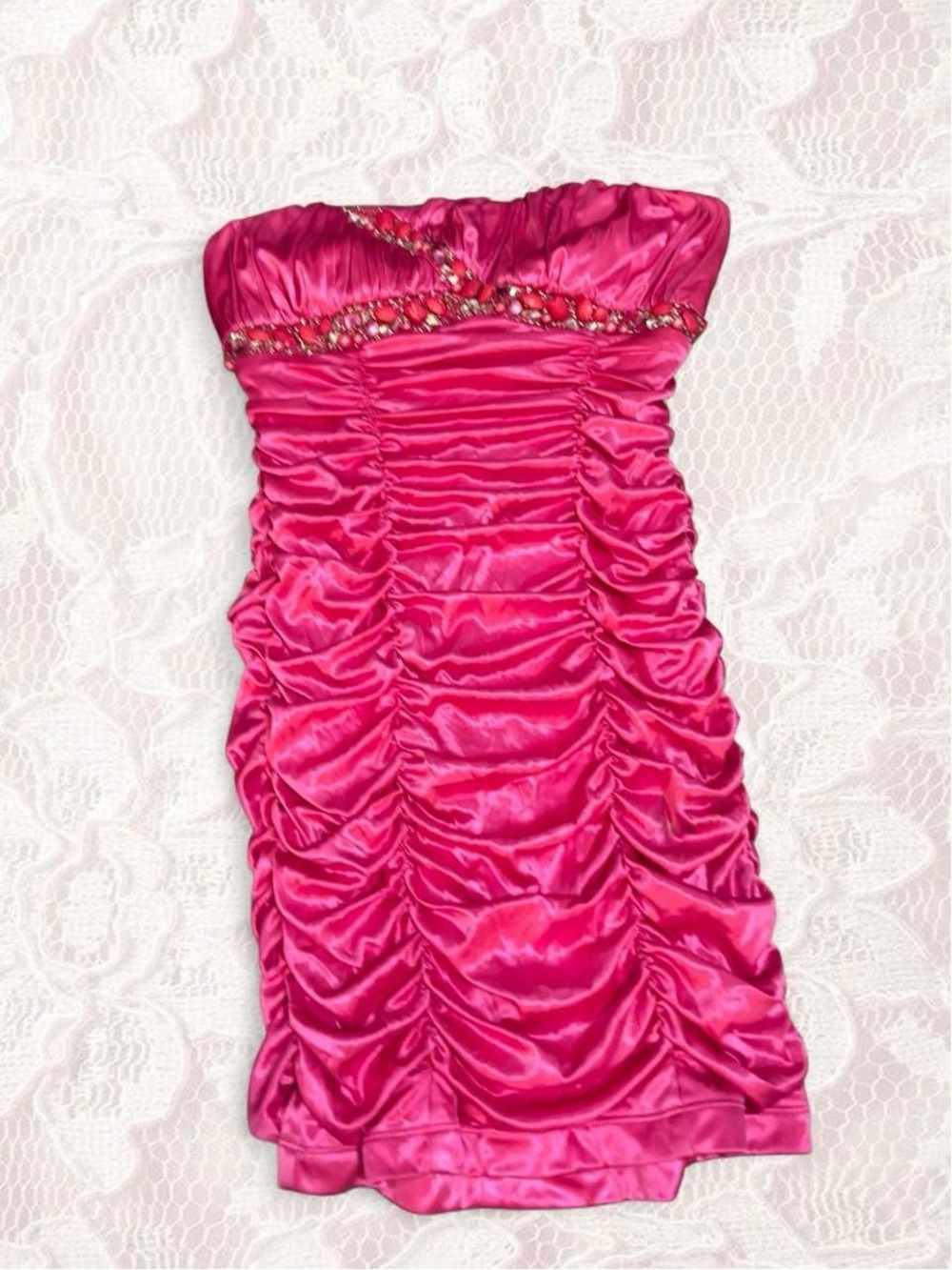City Triangles Hot Pink Ruched Strapless Party Dress with Beaded Trim